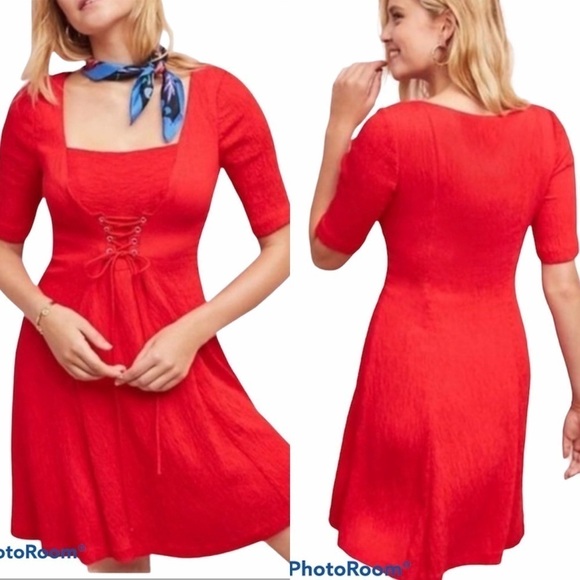Anthropologie Maeve Red Corset Front Ribbed Textured A-Line Dress - Picture 3 of 15